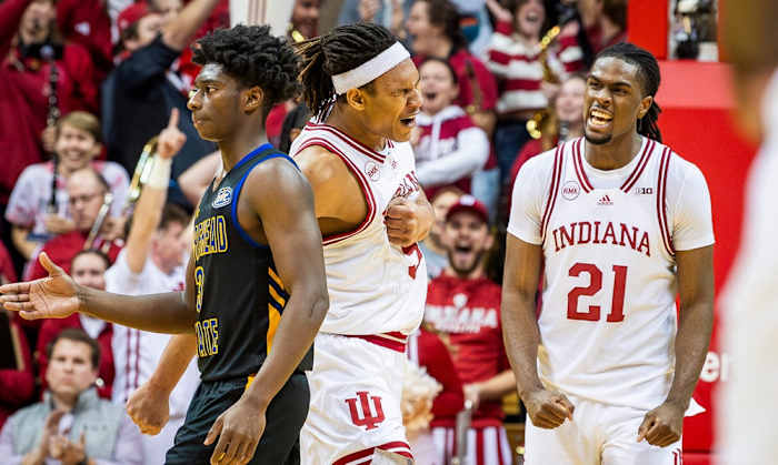 Indiana's Malik Reneau (5) and Mackenzie Mgbako (21) celebrate their victory after the second half of the Indiana versus Morehead State men's basketball game at Simon Skjodt Assembly Hall on Tuesday, Dec. 19, 2023.